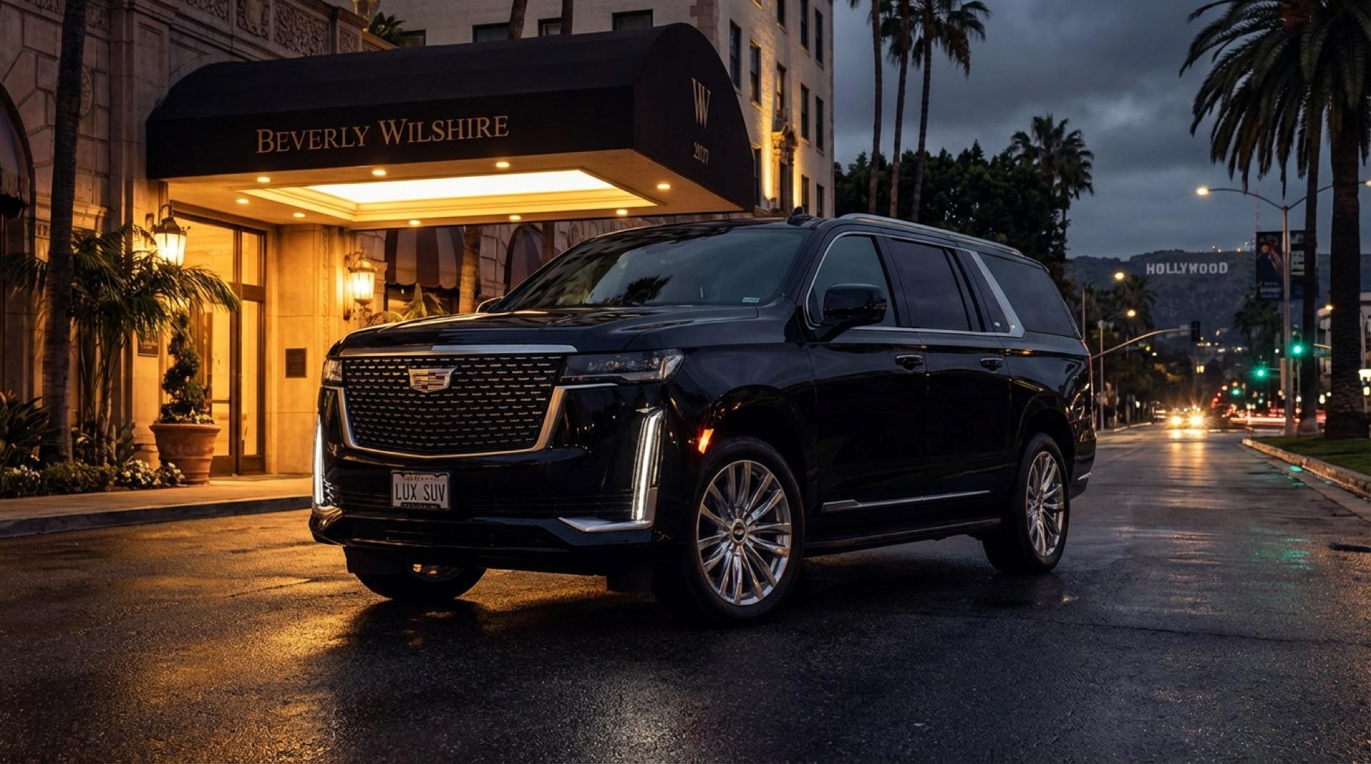 Black Cadillac Escalade ESV at the Beverly Wilshire Hotel at night — Continental Luxury Car Service