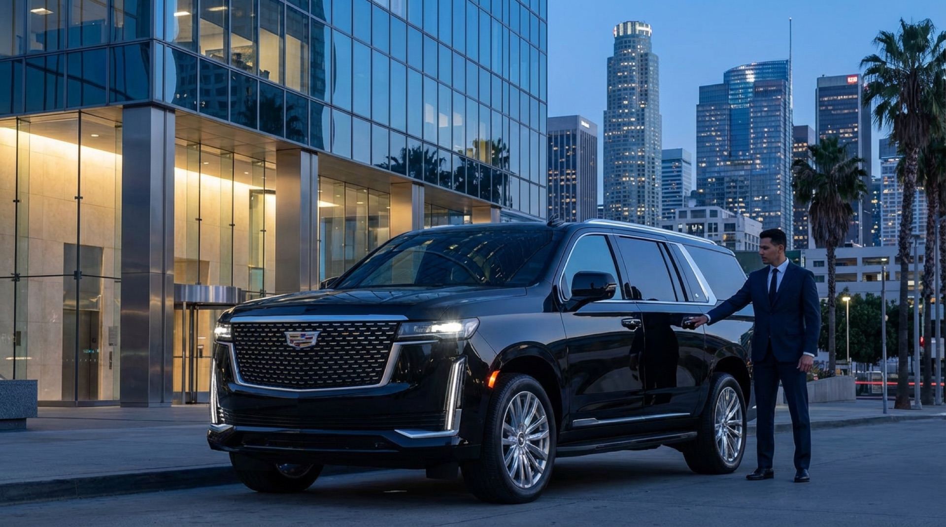 Continental Cadillac Escalade ESV with chauffeur at a downtown Los Angeles office at dusk