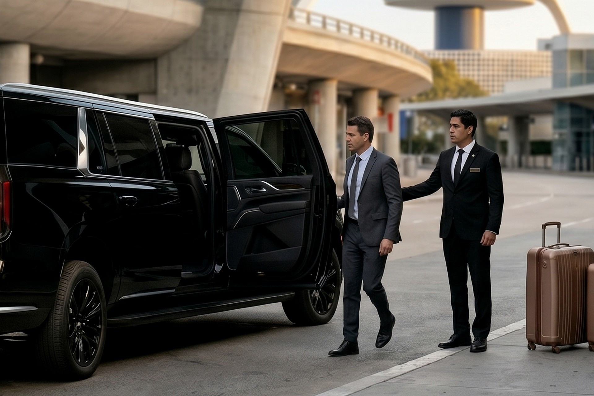 Continental Cadillac Escalade ESV at the airport terminal arrivals curb for private Ontario Airport car service