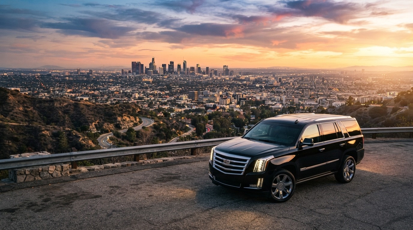 Continental Cadillac Escalade ESV at an overlook above Los Angeles, private national park tours and long-distance chauffeur itineraries